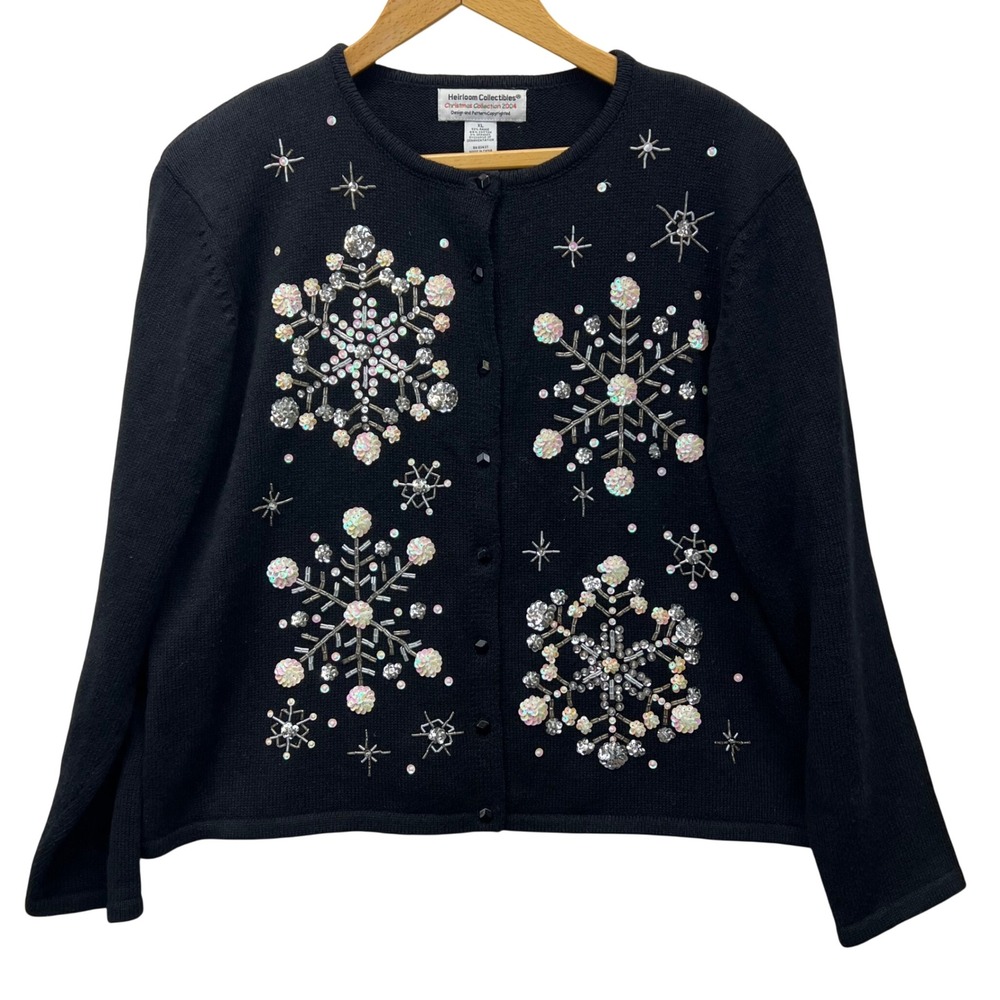Heirloomâ Collectibles Snowflake Cardigan Womens XL Black Sequin Beaded VTG Y2K